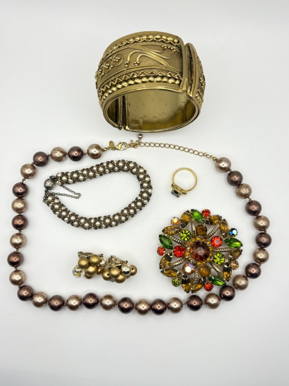 Vintage Costume Jewelry Lot RMN Pearl Necklace Rhinestone Brooch Hinged Cuff